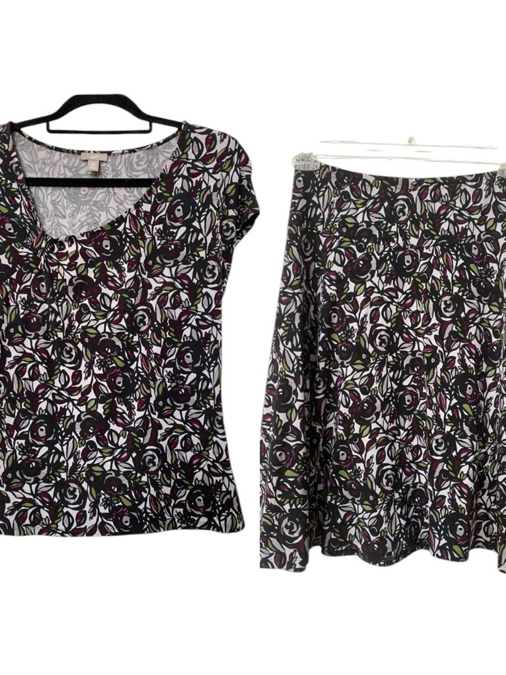 J Jill Floral A-Line Skirt Top Set Black Purple Print stretch A-line SP Petite S